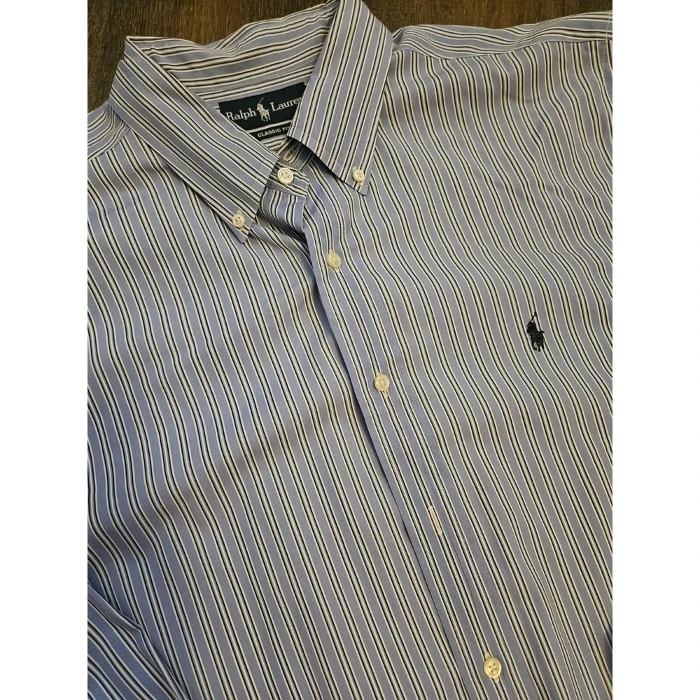 Ralph Lauren Button Down Mens 18 34/35 Blue Striped Classic Fit Cotton Shirt
